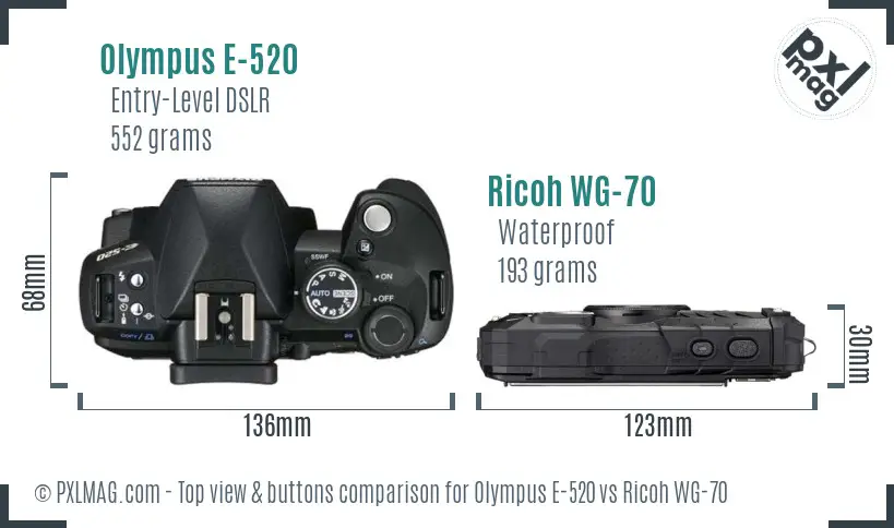 Olympus E-520 vs Ricoh WG-70 top view buttons comparison Olympus E-520 vs Ricoh WG-70 top view buttons comparison