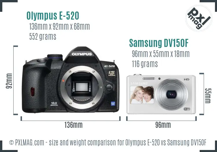 Olympus E-520 vs Samsung DV150F size comparison