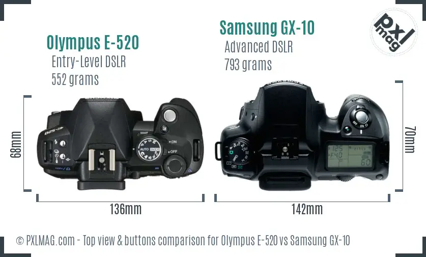 Olympus E-520 vs Samsung GX-10 top view buttons comparison Olympus E-520 vs Samsung GX-10 top view buttons comparison