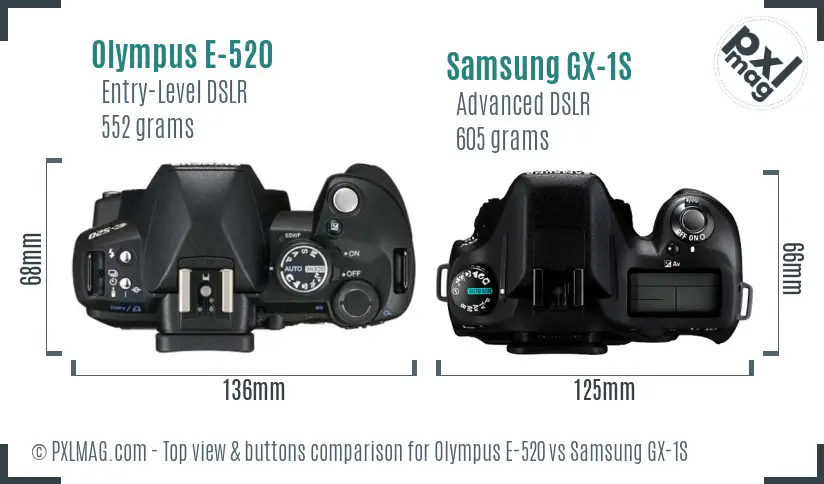 Olympus E-520 vs Samsung GX-1S top view buttons comparison Olympus E-520 vs Samsung GX-1S top view buttons comparison