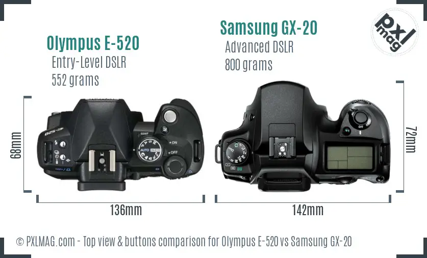 Olympus E-520 vs Samsung GX-20 top view buttons comparison