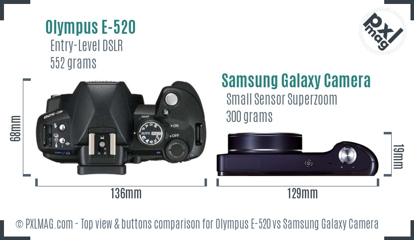 Olympus E-520 vs Samsung Galaxy Camera top view buttons comparison
