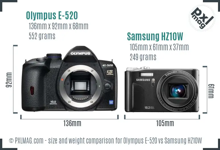 Olympus E-520 vs Samsung HZ10W size comparison Olympus E-520 vs Samsung HZ10W size comparison
