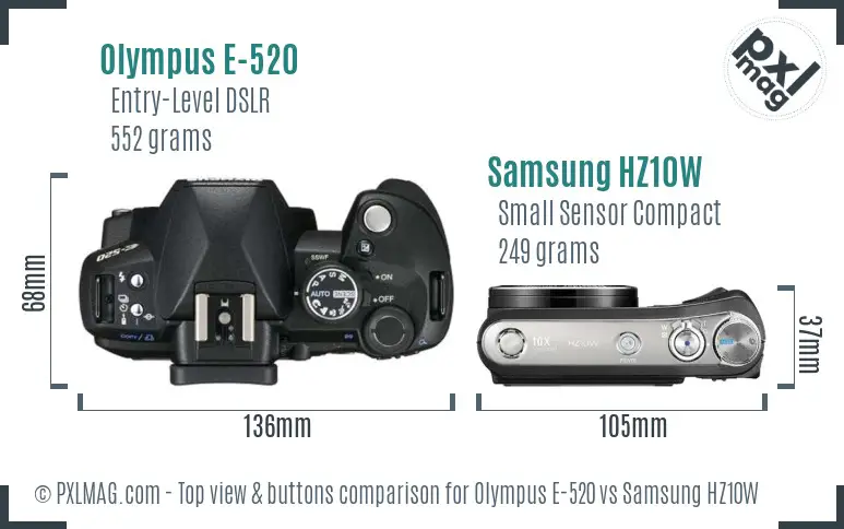 Olympus E-520 vs Samsung HZ10W top view buttons comparison Olympus E-520 vs Samsung HZ10W top view buttons comparison