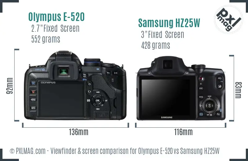 Olympus E-520 vs Samsung HZ25W Screen and Viewfinder comparison