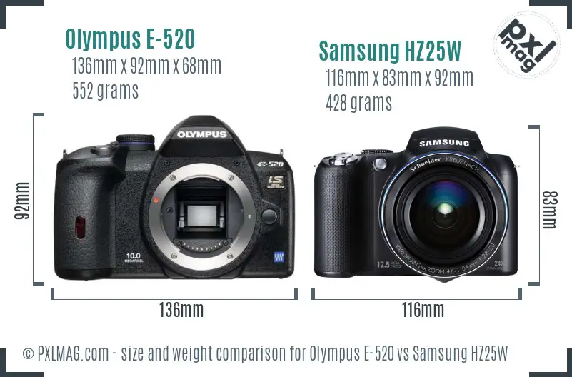 Olympus E-520 vs Samsung HZ25W size comparison