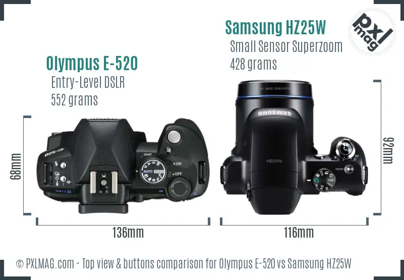 Olympus E-520 vs Samsung HZ25W top view buttons comparison