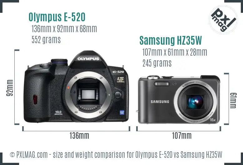 Olympus E-520 vs Samsung HZ35W size comparison