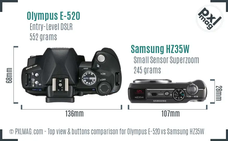 Olympus E-520 vs Samsung HZ35W top view buttons comparison