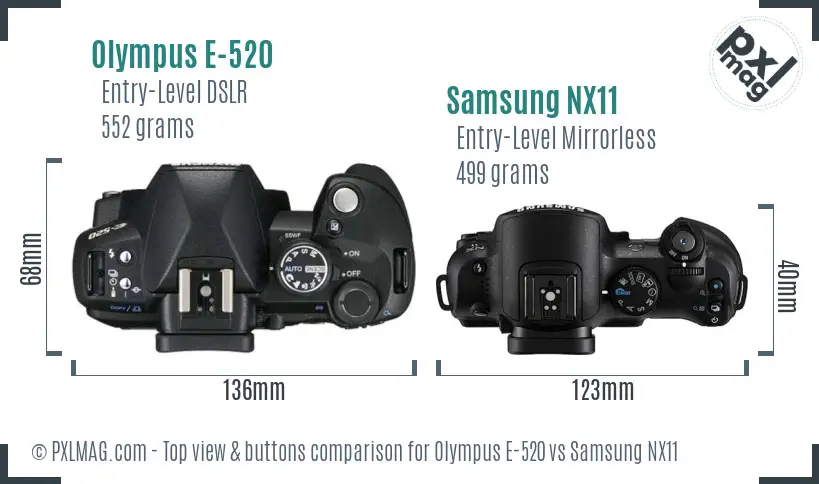 Olympus E-520 vs Samsung NX11 top view buttons comparison