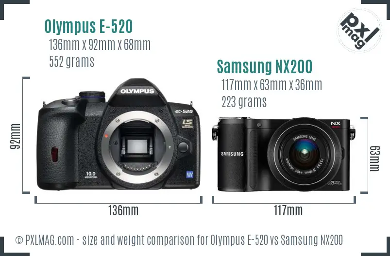 Olympus E-520 vs Samsung NX200 size comparison Olympus E-520 vs Samsung NX200 size comparison