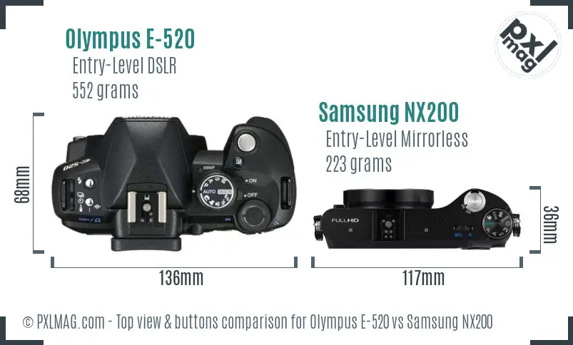 Olympus E-520 vs Samsung NX200 top view buttons comparison Olympus E-520 vs Samsung NX200 top view buttons comparison
