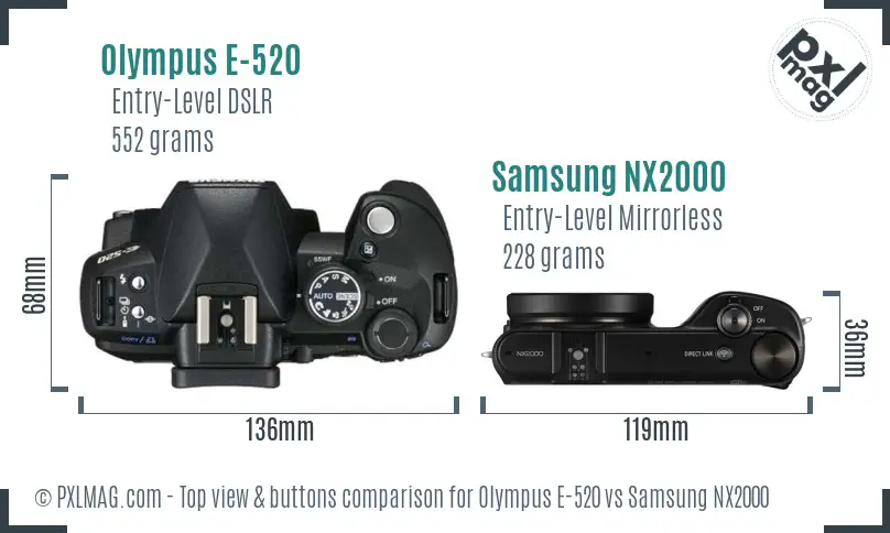 Olympus E-520 vs Samsung NX2000 top view buttons comparison Olympus E-520 vs Samsung NX2000 top view buttons comparison