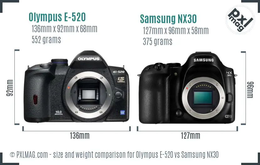 Olympus E-520 vs Samsung NX30 size comparison Olympus E-520 vs Samsung NX30 size comparison