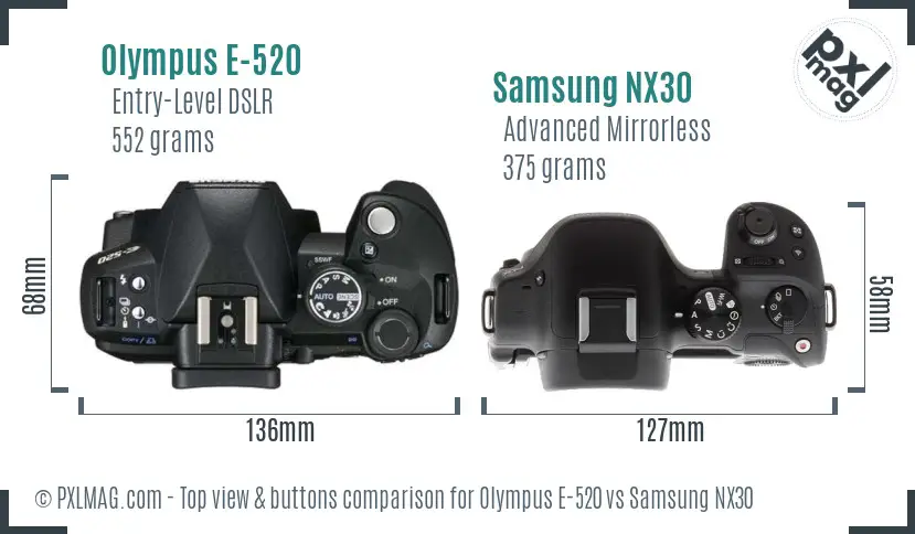 Olympus E-520 vs Samsung NX30 top view buttons comparison Olympus E-520 vs Samsung NX30 top view buttons comparison