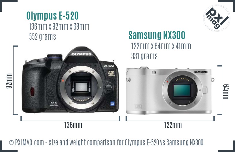 Olympus E-520 vs Samsung NX300 size comparison Olympus E-520 vs Samsung NX300 size comparison