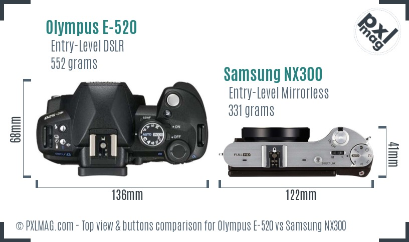 Olympus E-520 vs Samsung NX300 top view buttons comparison