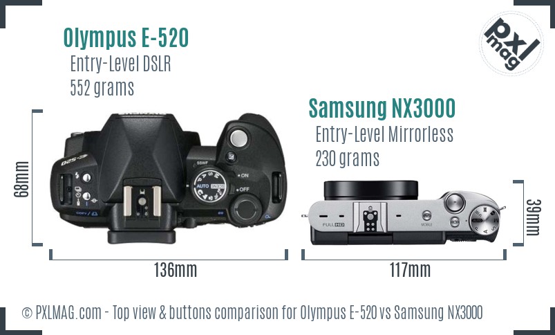 Olympus E-520 vs Samsung NX3000 top view buttons comparison