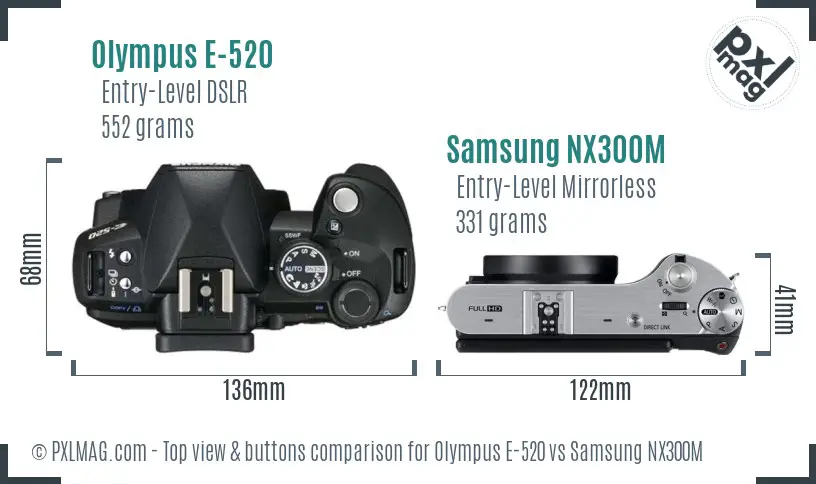 Olympus E-520 vs Samsung NX300M top view buttons comparison Olympus E-520 vs Samsung NX300M top view buttons comparison