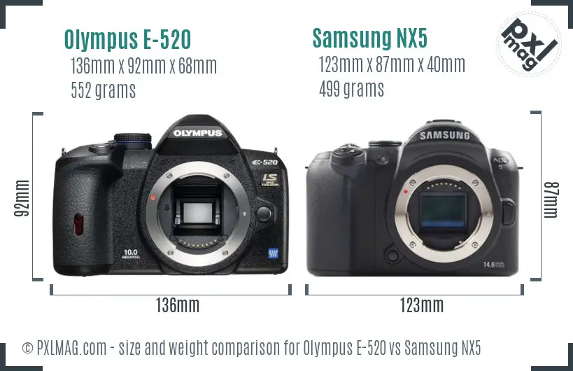 Olympus E-520 vs Samsung NX5 size comparison Olympus E-520 vs Samsung NX5 size comparison