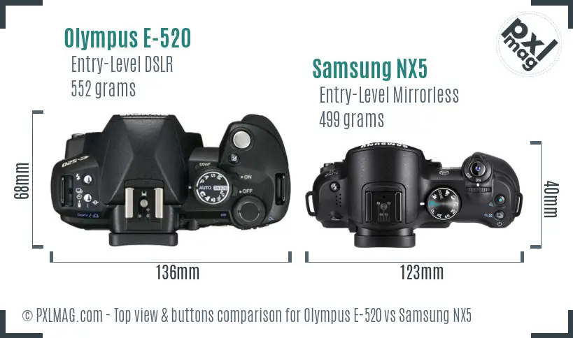 Olympus E-520 vs Samsung NX5 top view buttons comparison Olympus E-520 vs Samsung NX5 top view buttons comparison