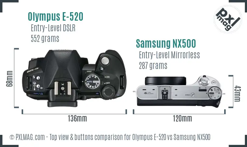 Olympus E-520 vs Samsung NX500 top view buttons comparison