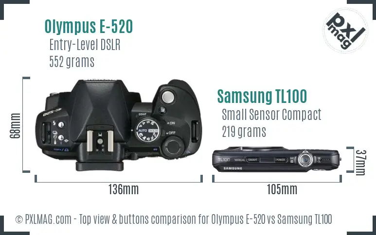 Olympus E-520 vs Samsung TL100 top view buttons comparison