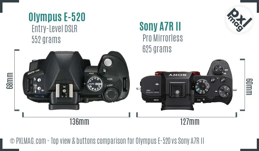 Olympus E-520 vs Sony A7R II top view buttons comparison
