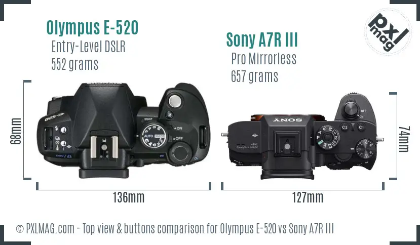 Olympus E-520 vs Sony A7R III top view buttons comparison