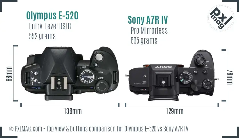 Olympus E-520 vs Sony A7R IV top view buttons comparison