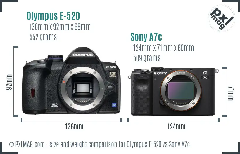 Olympus E-520 vs Sony A7c size comparison