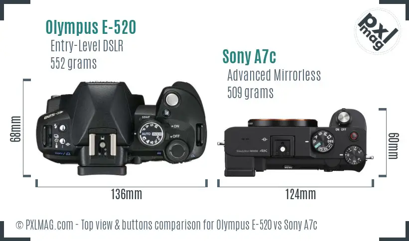 Olympus E-520 vs Sony A7c top view buttons comparison