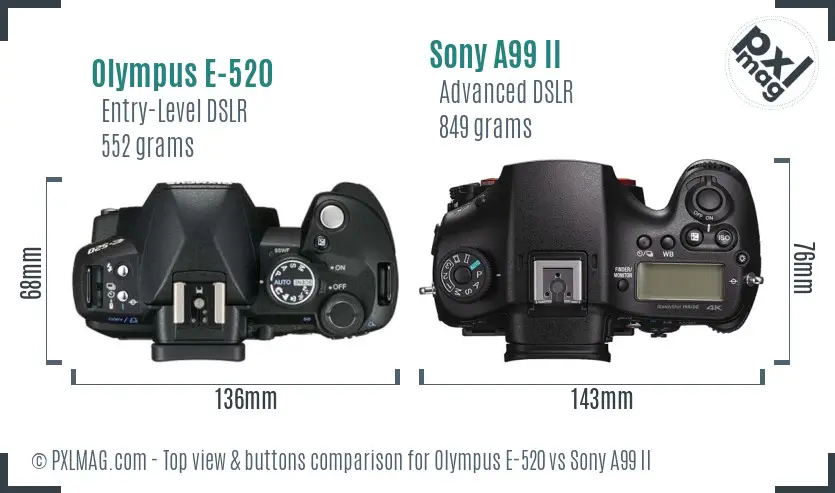 Olympus E-520 vs Sony A99 II top view buttons comparison