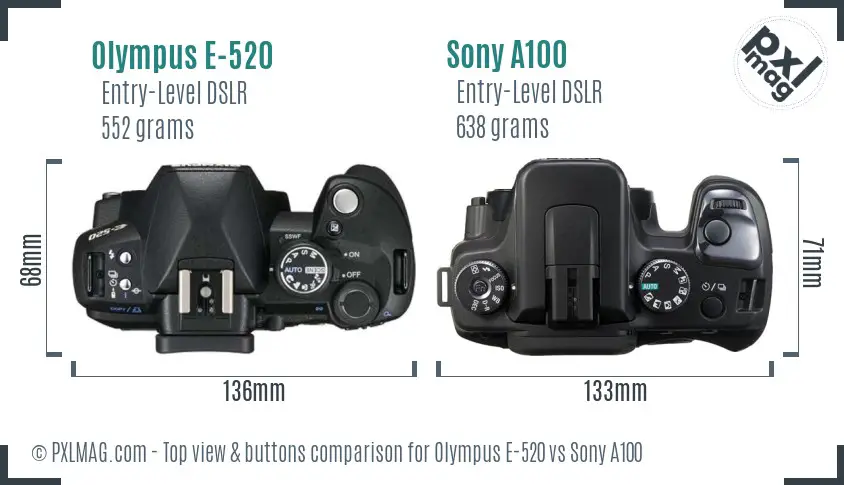 Olympus E-520 vs Sony A100 top view buttons comparison