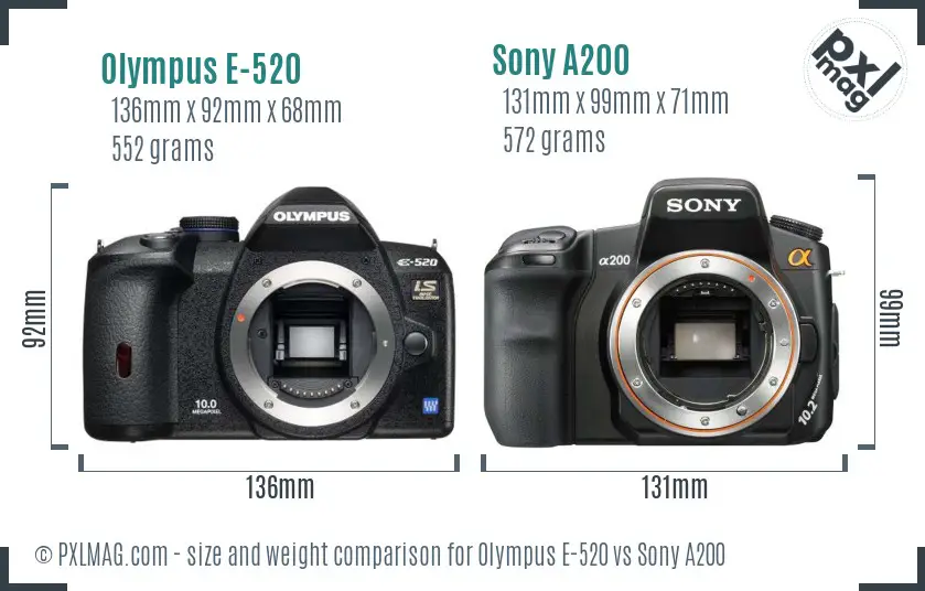 Olympus E-520 vs Sony A200 size comparison