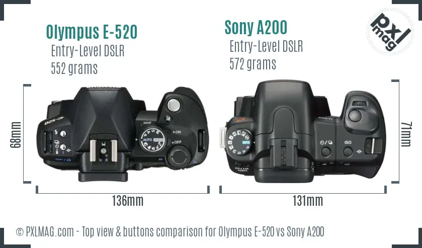 Olympus E-520 vs Sony A200 top view buttons comparison
