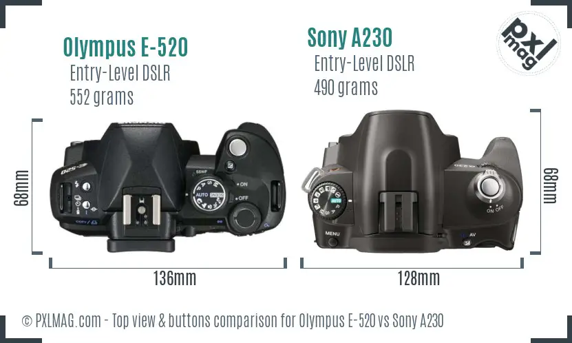 Olympus E-520 vs Sony A230 top view buttons comparison