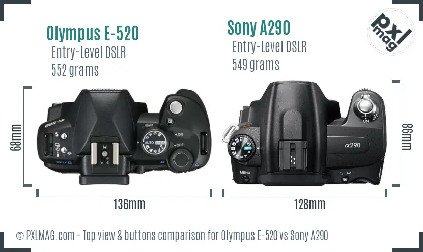 Olympus E-520 vs Sony A290 top view buttons comparison