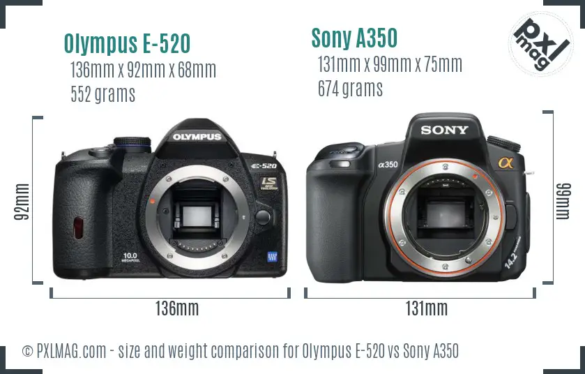 Olympus E-520 vs Sony A350 size comparison