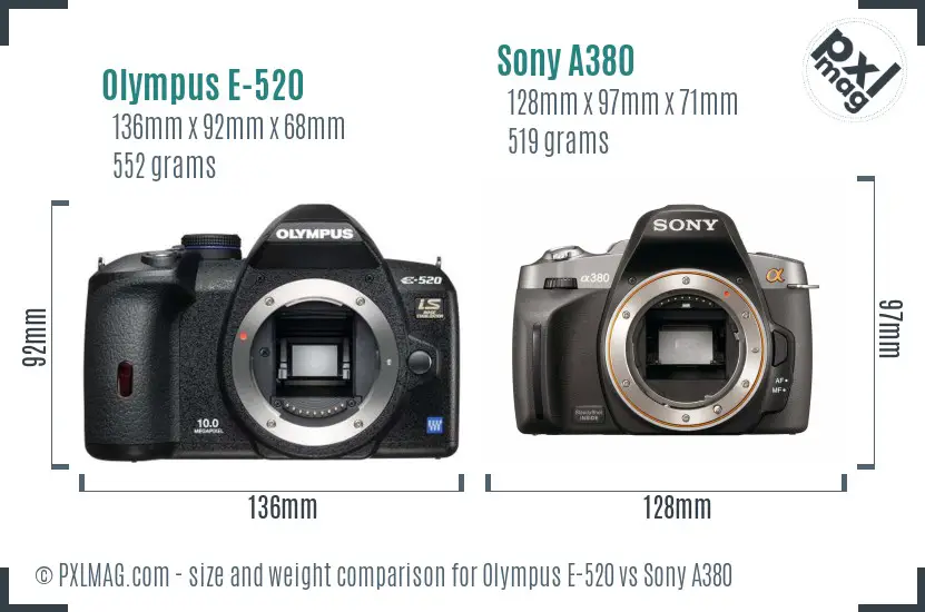 Olympus E-520 vs Sony A380 size comparison
