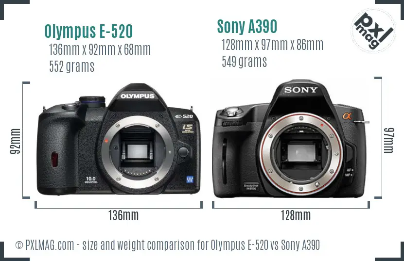 Olympus E-520 vs Sony A390 size comparison