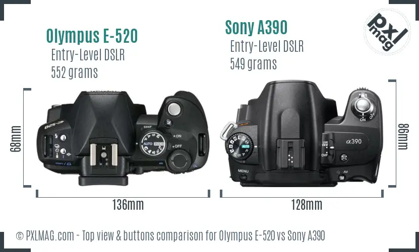 Olympus E-520 vs Sony A390 top view buttons comparison