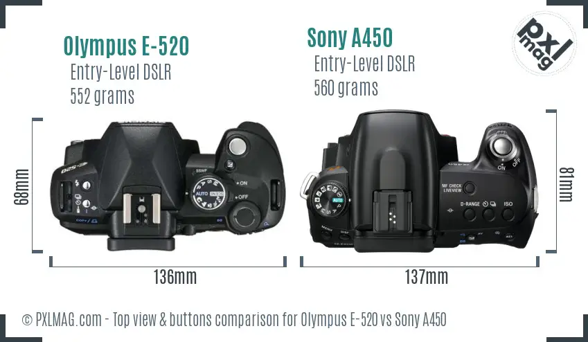 Olympus E-520 vs Sony A450 top view buttons comparison