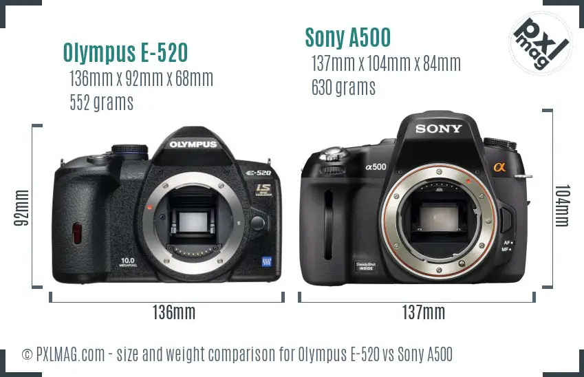 Olympus E-520 vs Sony A500 size comparison