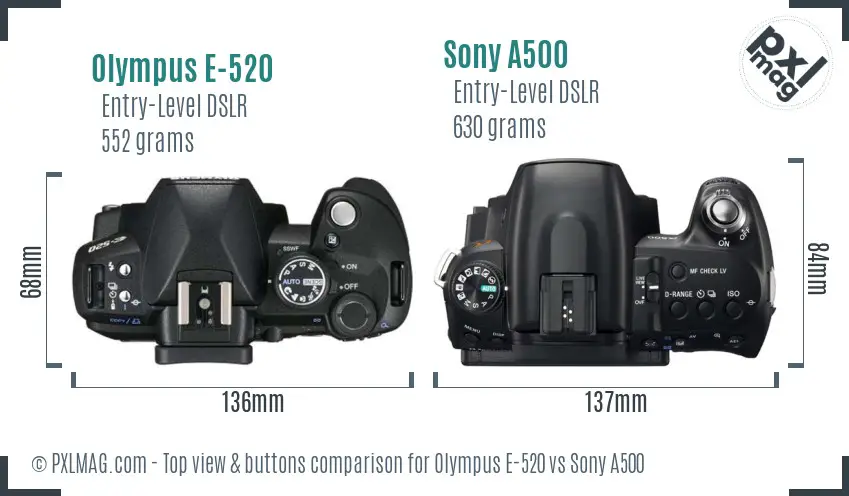 Olympus E-520 vs Sony A500 top view buttons comparison