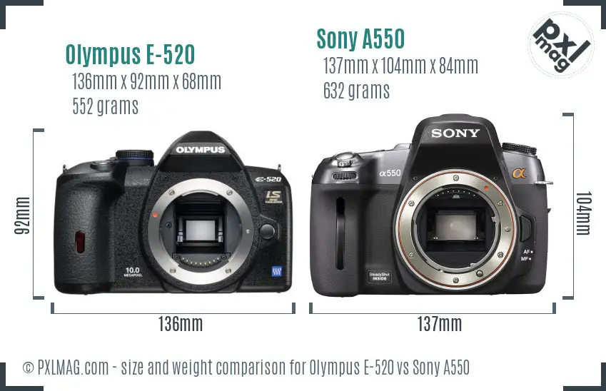 Olympus E-520 vs Sony A550 size comparison