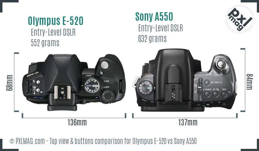 Olympus E-520 vs Sony A550 top view buttons comparison