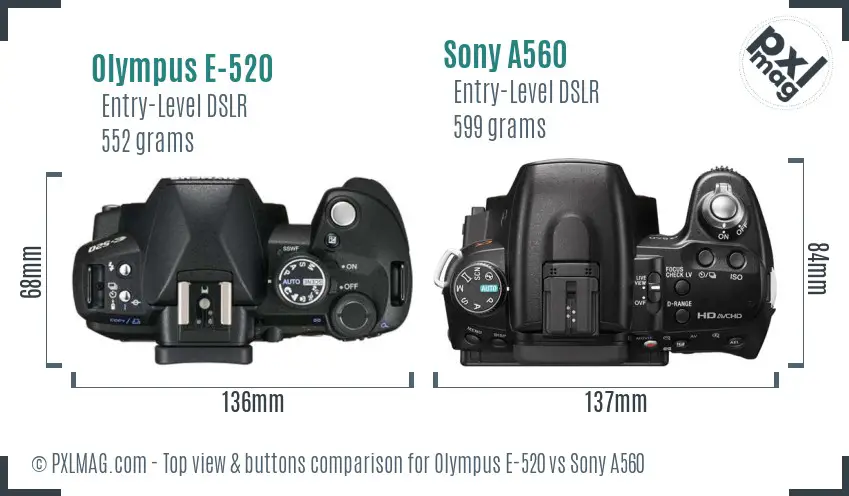 Olympus E-520 vs Sony A560 top view buttons comparison