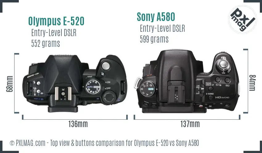 Olympus E-520 vs Sony A580 top view buttons comparison