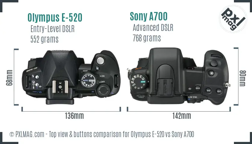 Olympus E-520 vs Sony A700 top view buttons comparison